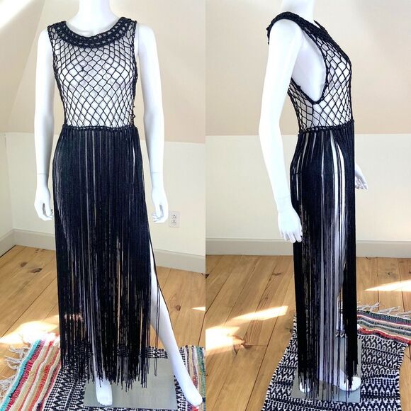 Miraim Lefcourt Tops - Vintage 70s Miriam Lefcourt Crochet Sheer Long Fringe Maxi Top Blouse Vest S/M